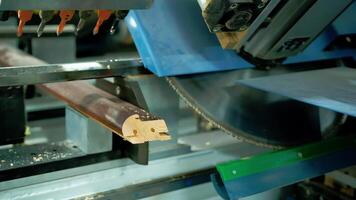Machine tool in workshop. Modern equipment for door production. Automated device making furniture. Close-up. video