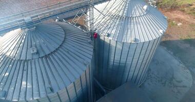 Metal silos on field. Large containers for storing and processing grains. Silver grain elevators in farmland. Aerial view. video
