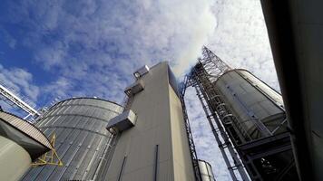 Grain elevators against blue sky. Thick white smoke releases from industrial building. Modern complex for agribusiness. View from below. video