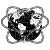 A black and white drawing of a globe with chains around it png