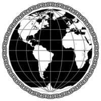 A black and white drawing of a globe with a greek pattern png