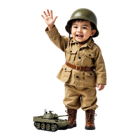Cheerful Child Waving in Camouflage Uniform on Transparent Background png
