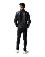 Stylish Man in Leather Jacket Standing with Hands in Pockets on Transparent Background png