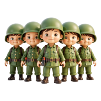 Cheerful Chibi 3D Army Figures in Playful Poses on Transparent Background png