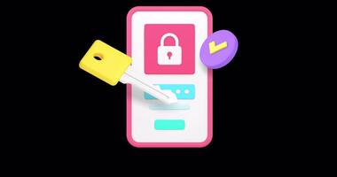 Smartphone app personal account data protection banner copy space 3d icon animation. Mobile phone application private information security encryption key password safety access video