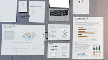 Animation of a workspace with business data graphs. video