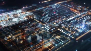 Futuristic head-up display showing data analysis with glowing lines and circles video
