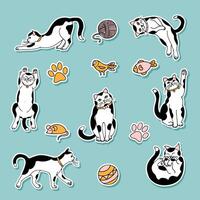 a set of stickers of white cats with black spots and toys, hand-drawn in a cartoon style. vector