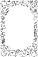 vertical frame of contour drawings of vegetables and mushrooms, hand-drawn in a cartoon style. vector