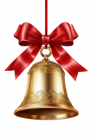 A gold bell with a red ribbon hanging from it png