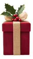 A red box with a brown ribbon and a bunch of red berries on top png