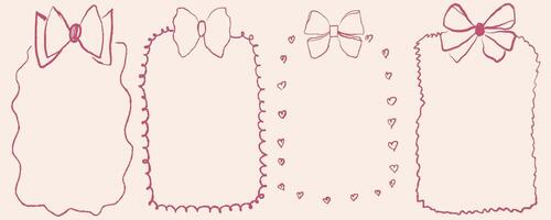 Set of handdrawn frames with decorative bows and hearts, perfect for invitations, greeting cards, or scrapbook design. illustration vector