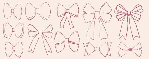 Set of handdrawn decorative bows and hearts, perfect for invitations, greeting cards, or scrapbook design. illustration vector