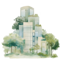 A tall building with a green roof and trees surrounding it png