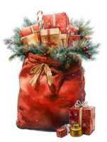 A red santa bag filled with presents and a pine tree wreath png
