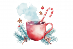 A red mug with a sprig of pine needles and a cinnamon stick in it png