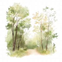 A painting of a forest with trees and a path png
