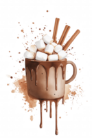 A mug of hot chocolate with marshmallows and cinnamon sticks on top png