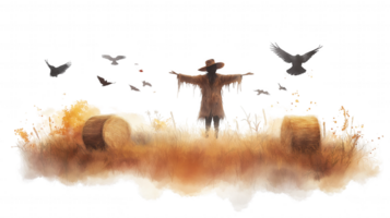 A man in a hat is standing in a field with a bunch of birds flying around him png