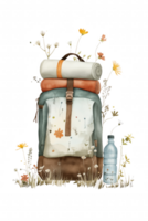 A backpack with a bottle of water and a blanket on top of it png