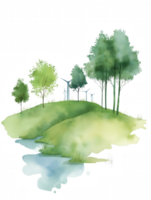 A painting of a forest with a river running through it png