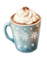 A blue mug with white snowflakes on it and a white whipped cream on top png