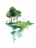 A painting of a forest with a river running through it. png