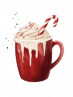 A red mug with whipped cream and a red and white striped cane png