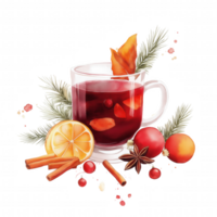 A glass of red drink with a cinnamon stick and orange slices on the side png