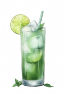 A glass of green liquid with a lime wedge in it png
