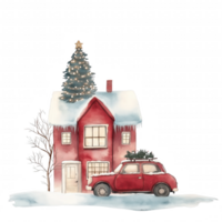 A red car is parked in front of a red house with a Christmas tree on top of it png