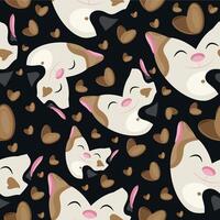 hearts with animal design, namely with a white cat heart-shaped design and brown hearts on a black background, Valentine's Day pattern vector