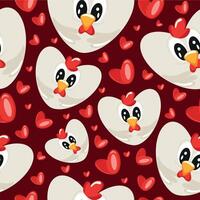 hearts with an animal design namely a white rooster design in the shape of a heart and red hearts on a red background, Valentine's Day pattern vector