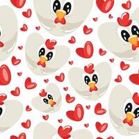 hearts with an animal design namely a white rooster design in the shape of a heart and red hearts, Valentine's Day pattern vector