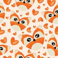 hearts with animal designs, namely with an orange fox heart-shaped design and orange hearts on an orange background, Valentine's Day pattern vector