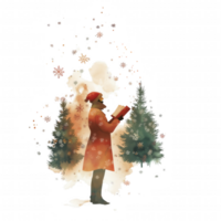 A man in a red coat is reading a book in front of a Christmas tree png