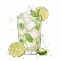 A glass of limeade with ice cubes and a lime wedge on the side png