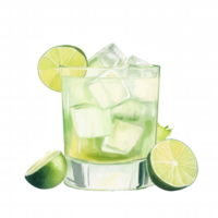 A glass of limeade with ice cubes and a lime wedge png