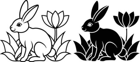 Elegant Rabbit and Tulip Designs Line Art, Silhouette, Nature vector
