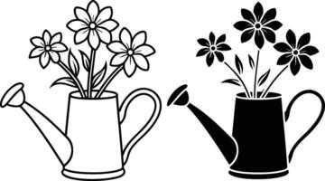 Watering Can with Flowers Line Art, Black and White Design vector