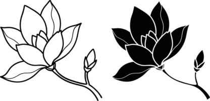 Magnolia Flower Branch Line Art, Silhouette, Bloom, Bud, Nature vector