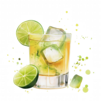 A glass of a drink with ice cubes and a lime slice png
