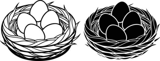 Birds Nest with Eggs Line Art and Silhouette Illustrations vector