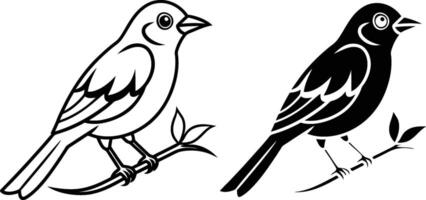 Two Bird Illustrations Line Art and Silhouette on Branches vector