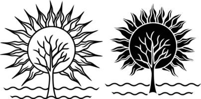 Sun Tree Symbolism Dualistic Nature, Water, Light, and Life vector