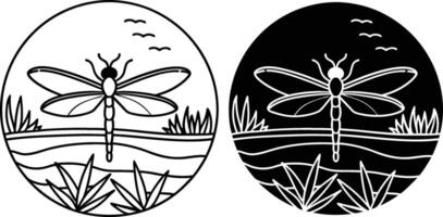 Dragonfly Pond Scene Nature, Insects, Line Art, Black, White, Design vector