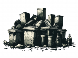 A pile of trash and containers with a bottle of beer on top png