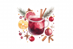 A cup of red drink with a cinnamon stick and orange slices png