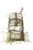 A backpack with a bottle of water and two sticks on top of it png