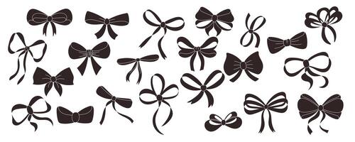 A simple collection of hand drawn ribbon bows. Decorating bow, black silhouettes, large set vector